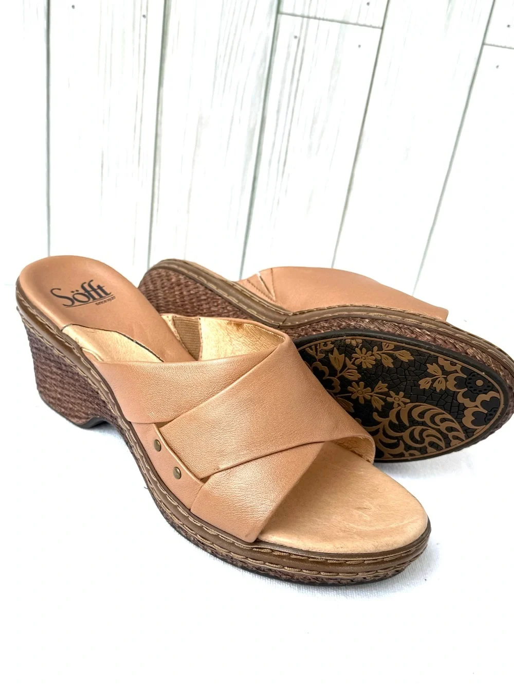 Sofft Tan Leather Wedge Sandals